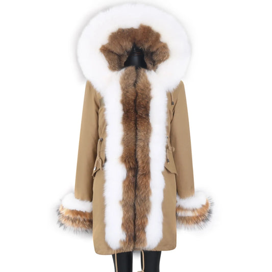 Real Rabbit Lining Fox Fur Collar Cuffs Parka Coats