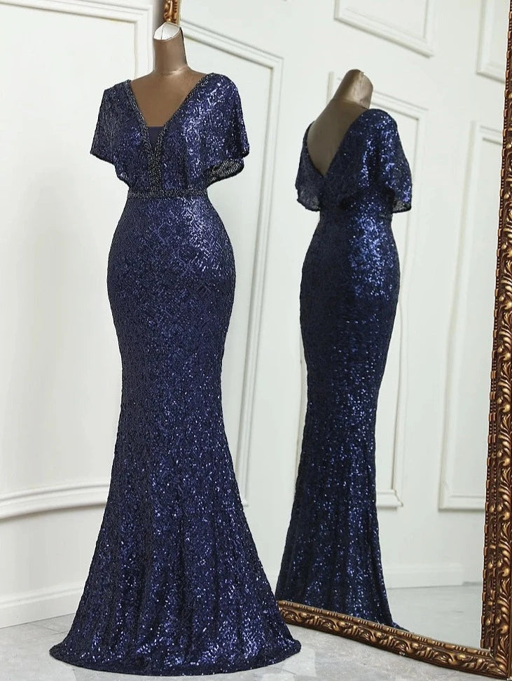 Sequin Deep V Drape Sleeve Mermaid Dresses