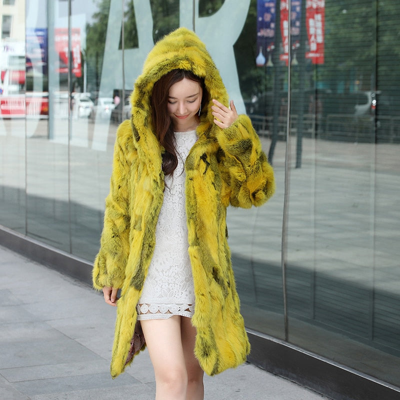 Mixed Color Blend Real Fur Hooded Coats