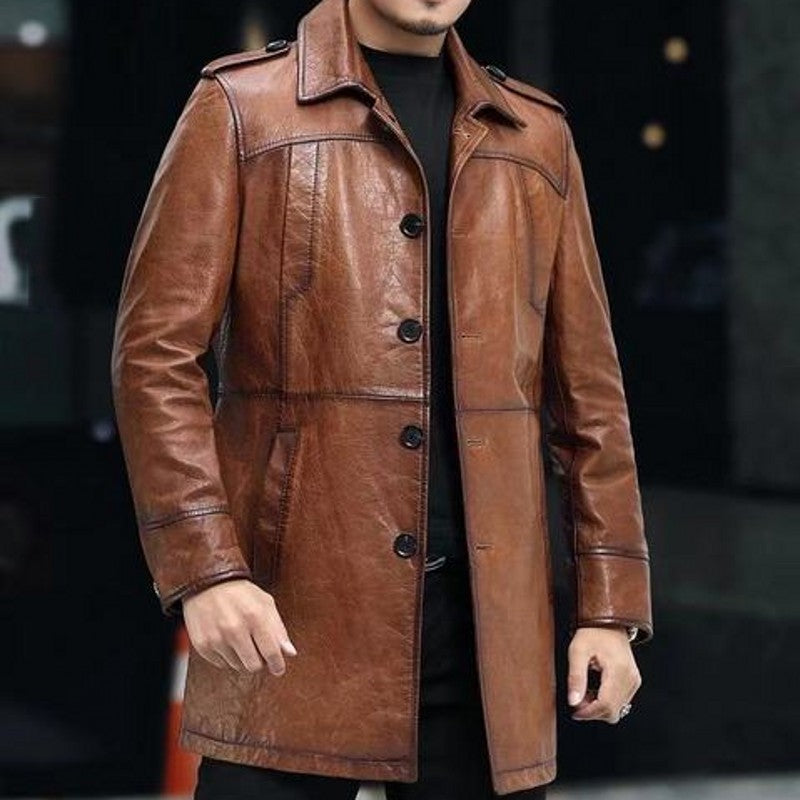 Genuine Leather Long Jackets Turn-Down Collar