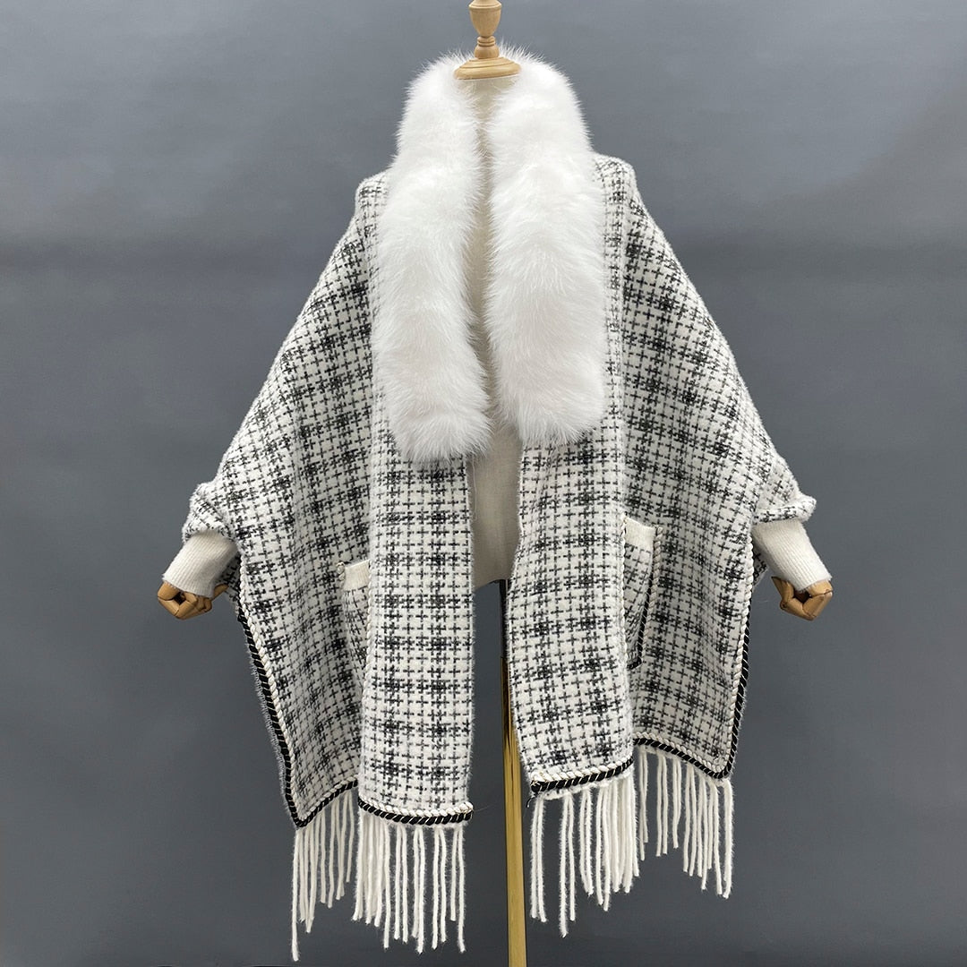 Real Fur Plaid Wool Tassel Ponchos