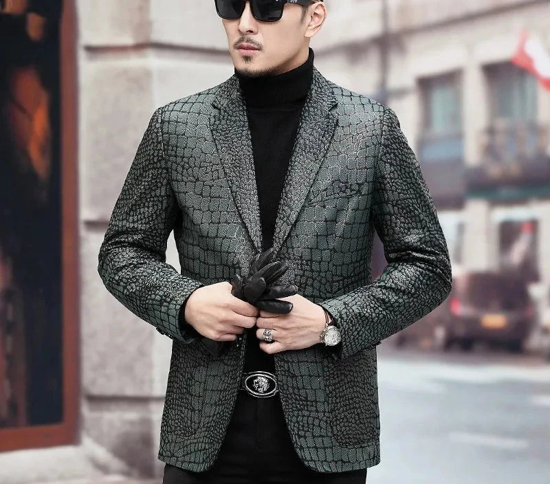 Crocodile Pattern Genuine Leather Blazer Jacket