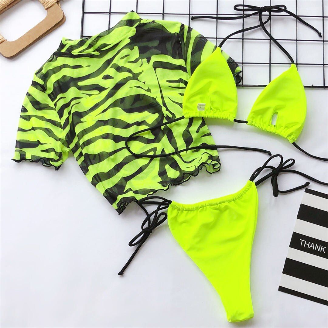 Leopard Mesh Short Sleeve Crop Bikini's