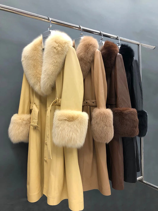 Genuine Leather Trench Coats Real Fur Collar & Cuffs