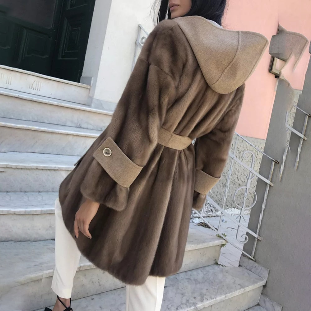 Real Mink Fur Coat & Wool Hood, Trim & Belt