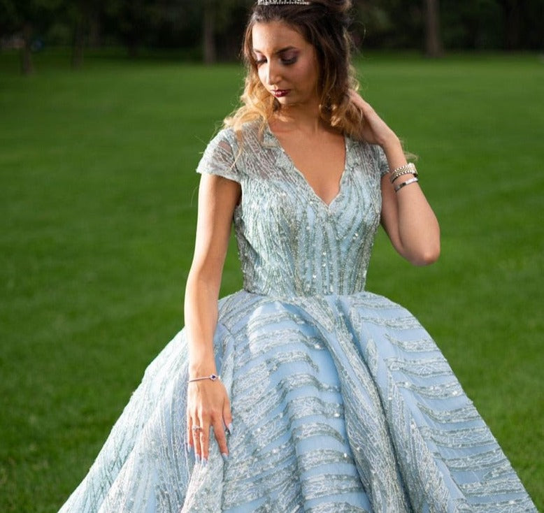 High Collar Short Sleeve Lace Sequin Evening Gowns