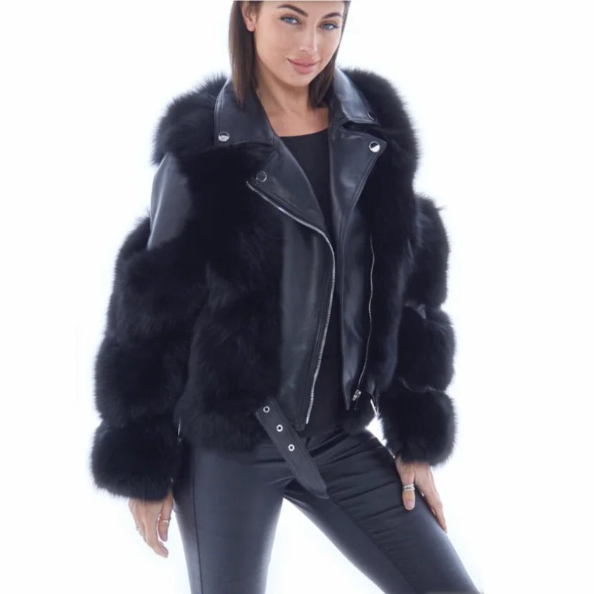 Genuine Leather Moto Real Fox Fur Coats