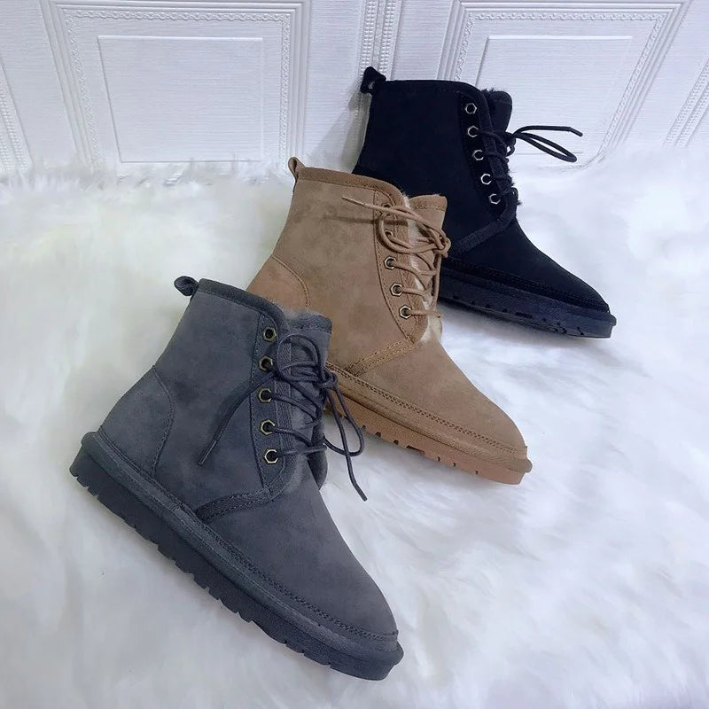 UNISEX Real Wool Fur Lace Up Snow Boots