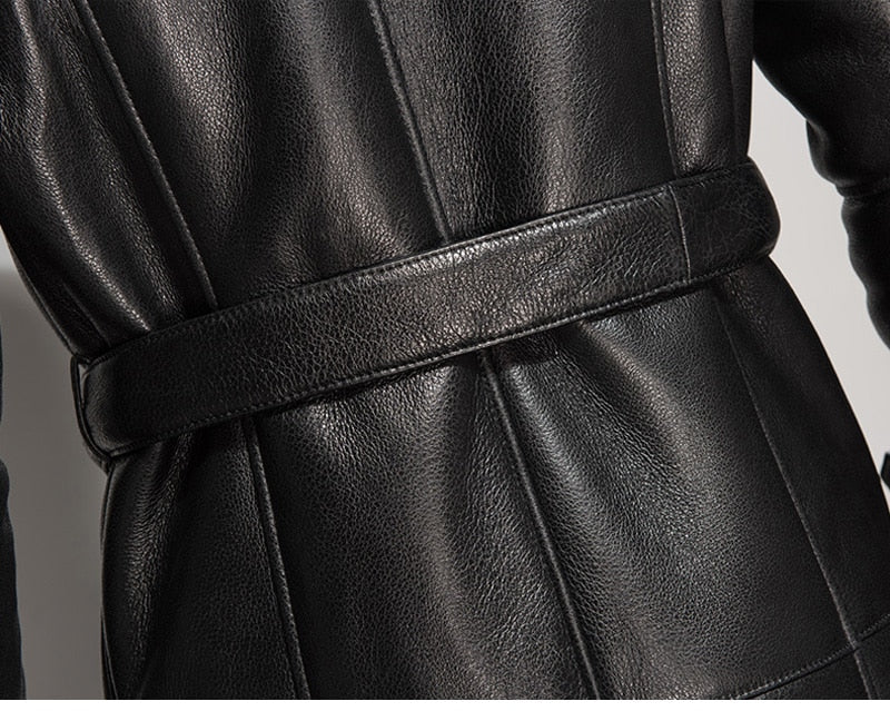 Black Genuine Leather Shearling Coat Long