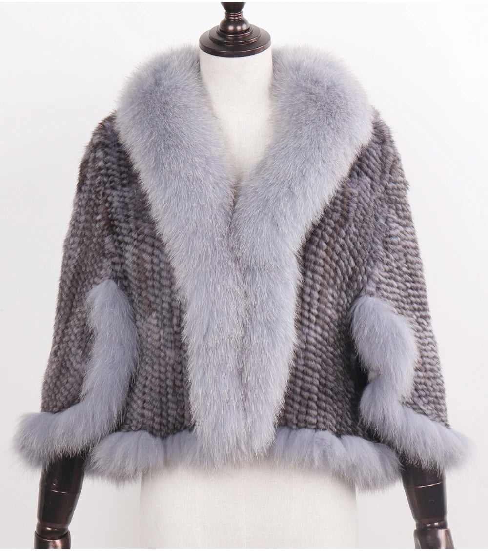 Knitted Real Mink Fur Shawl Fox Fur Collar