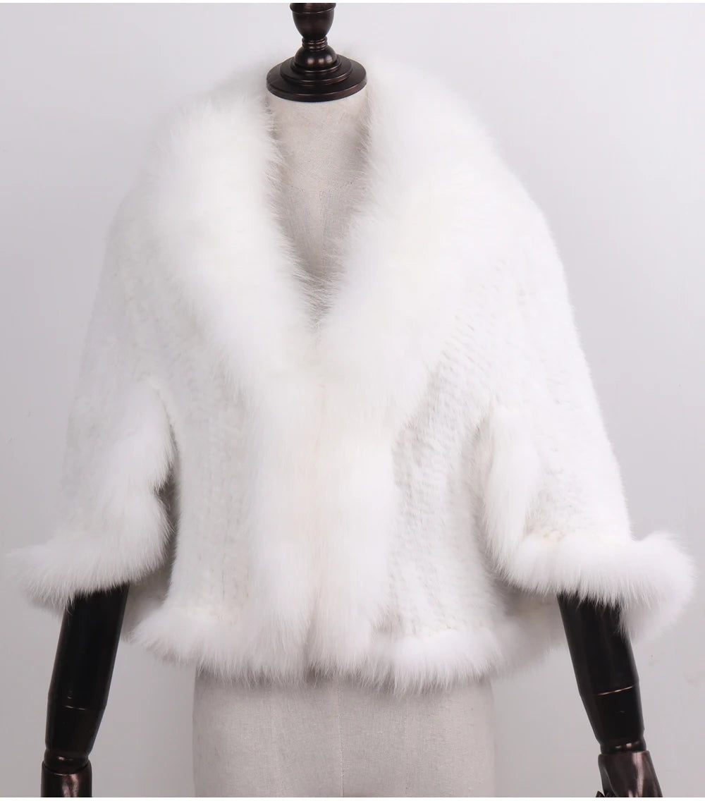 Knitted Real Mink Fur Shawl Fox Fur Collar