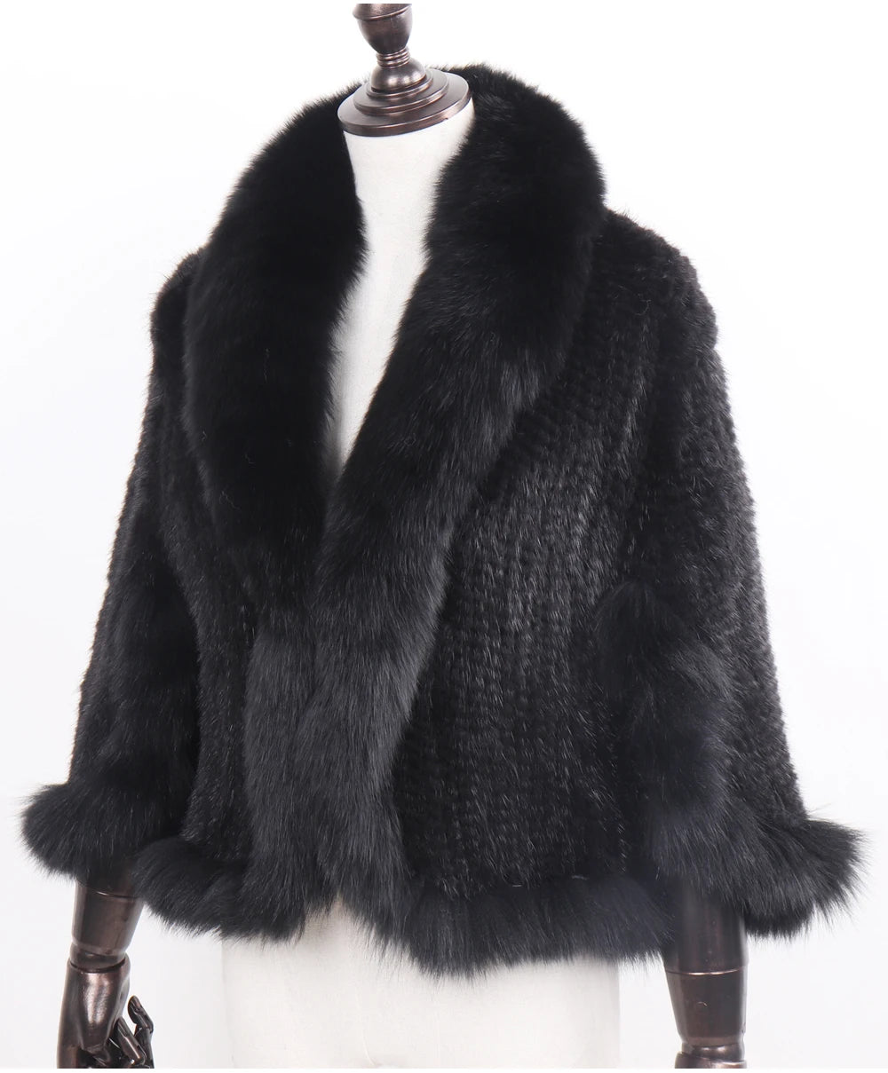 Knitted Real Mink Fur Shawl Fox Fur Collar