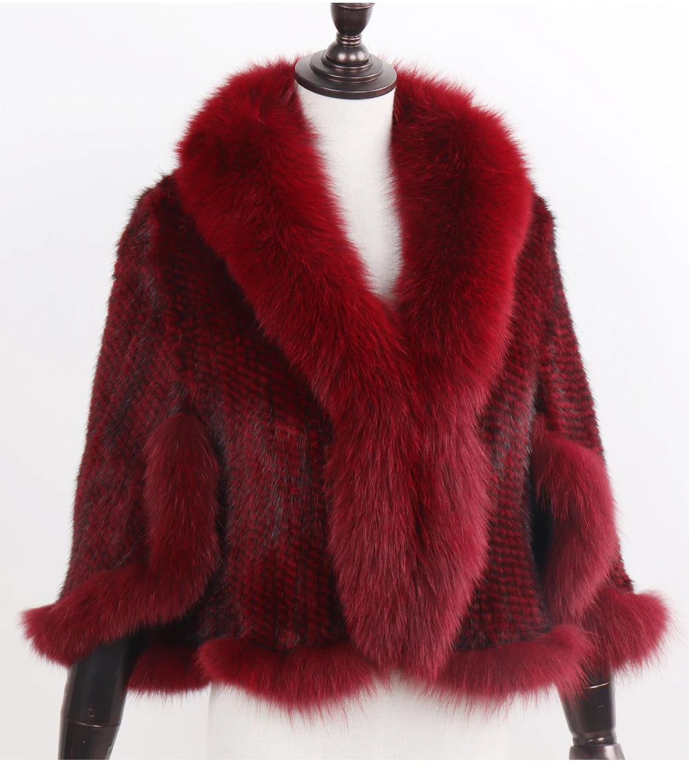 Knitted Real Mink Fur Shawl Fox Fur Collar