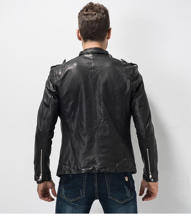 Genuine Leather Jacket Short Slim Moto