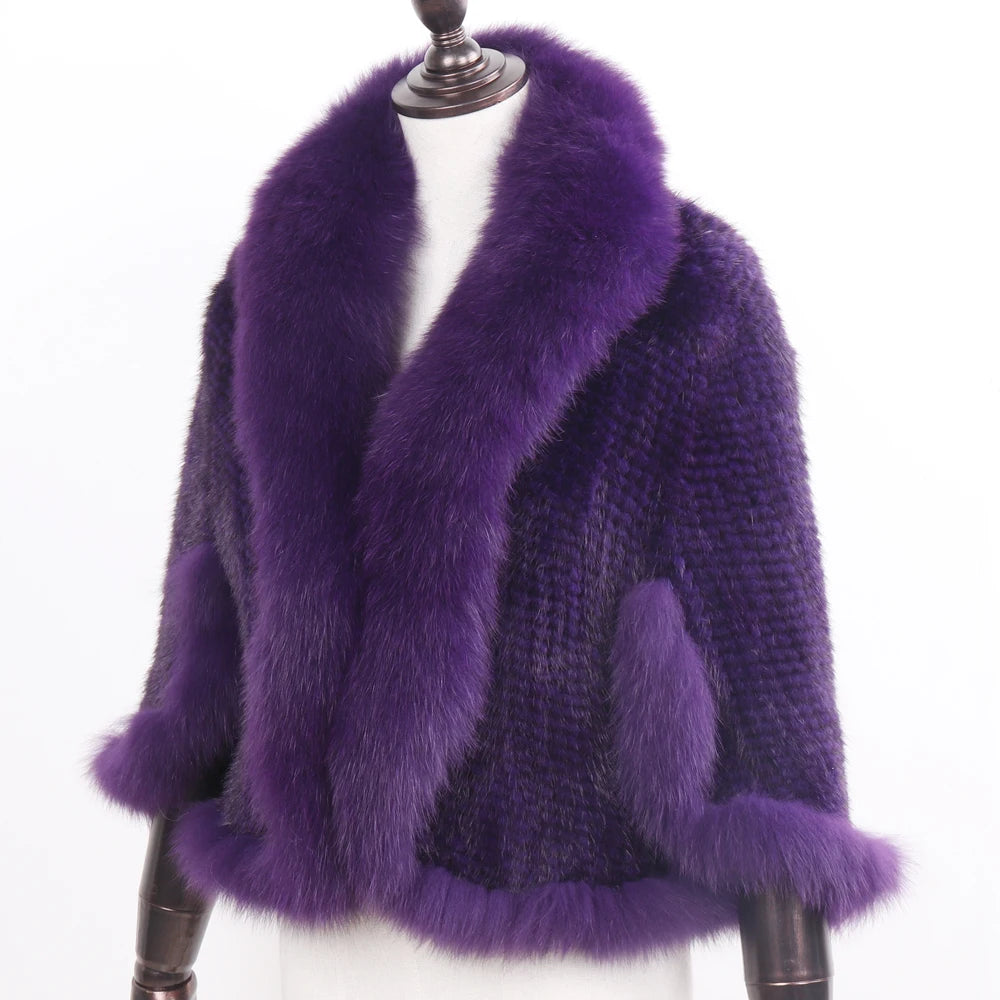 Knitted Real Mink Fur Shawl Fox Fur Collar