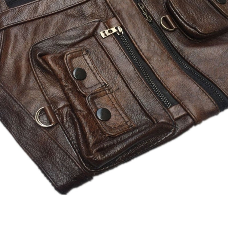 Genuine Leather Vest Slim Moto Cargo