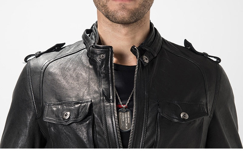 Genuine Leather Jacket Short Slim Moto