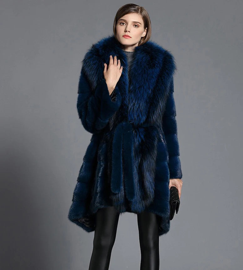 Blue Real Mink Fur Coats Big Fox Fur Collar