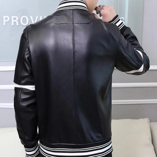 Genuine Leather Jacket Stand Collar Star Sleeve