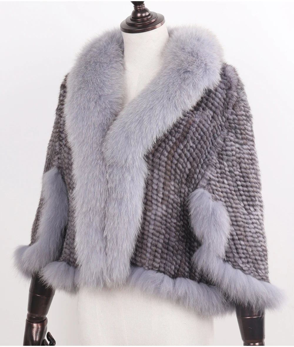 Knitted Real Mink Fur Shawl Fox Fur Collar