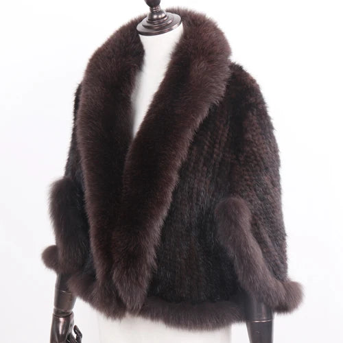 Knitted Real Mink Fur Shawl Fox Fur Collar