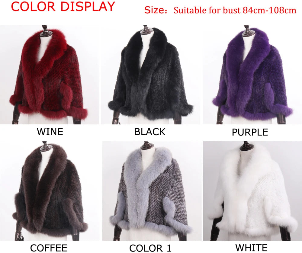 Knitted Real Mink Fur Shawl Fox Fur Collar