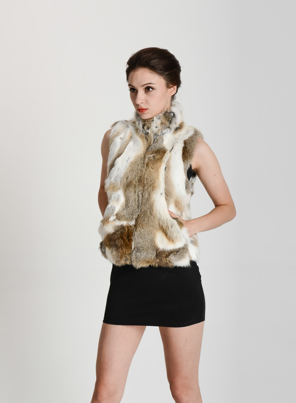 Color Blend Mandarin Collar Real Fur Vests