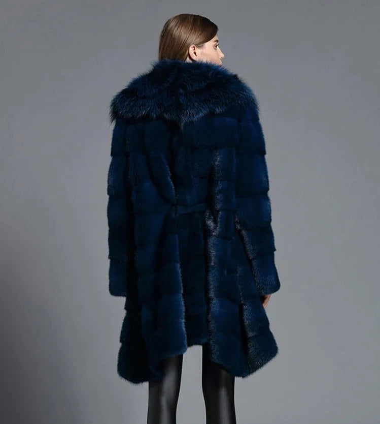 Blue Real Mink Fur Coats Big Fox Fur Collar