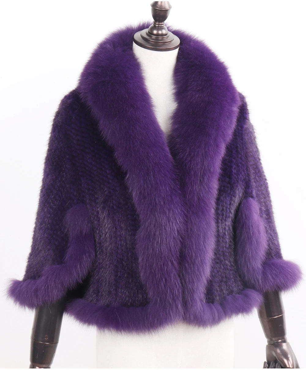 Knitted Real Mink Fur Shawl Fox Fur Collar