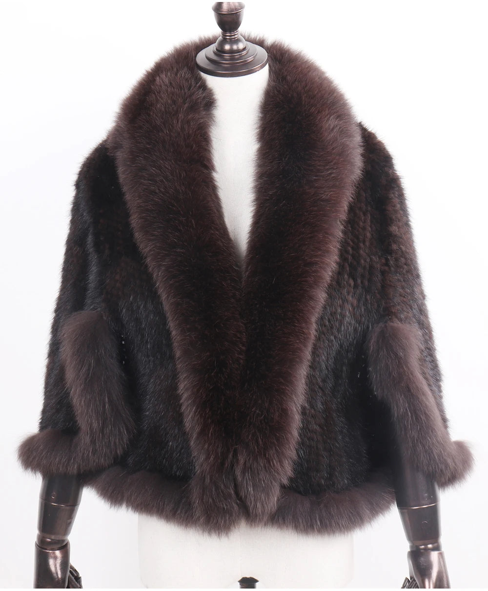 Knitted Real Mink Fur Shawl Fox Fur Collar