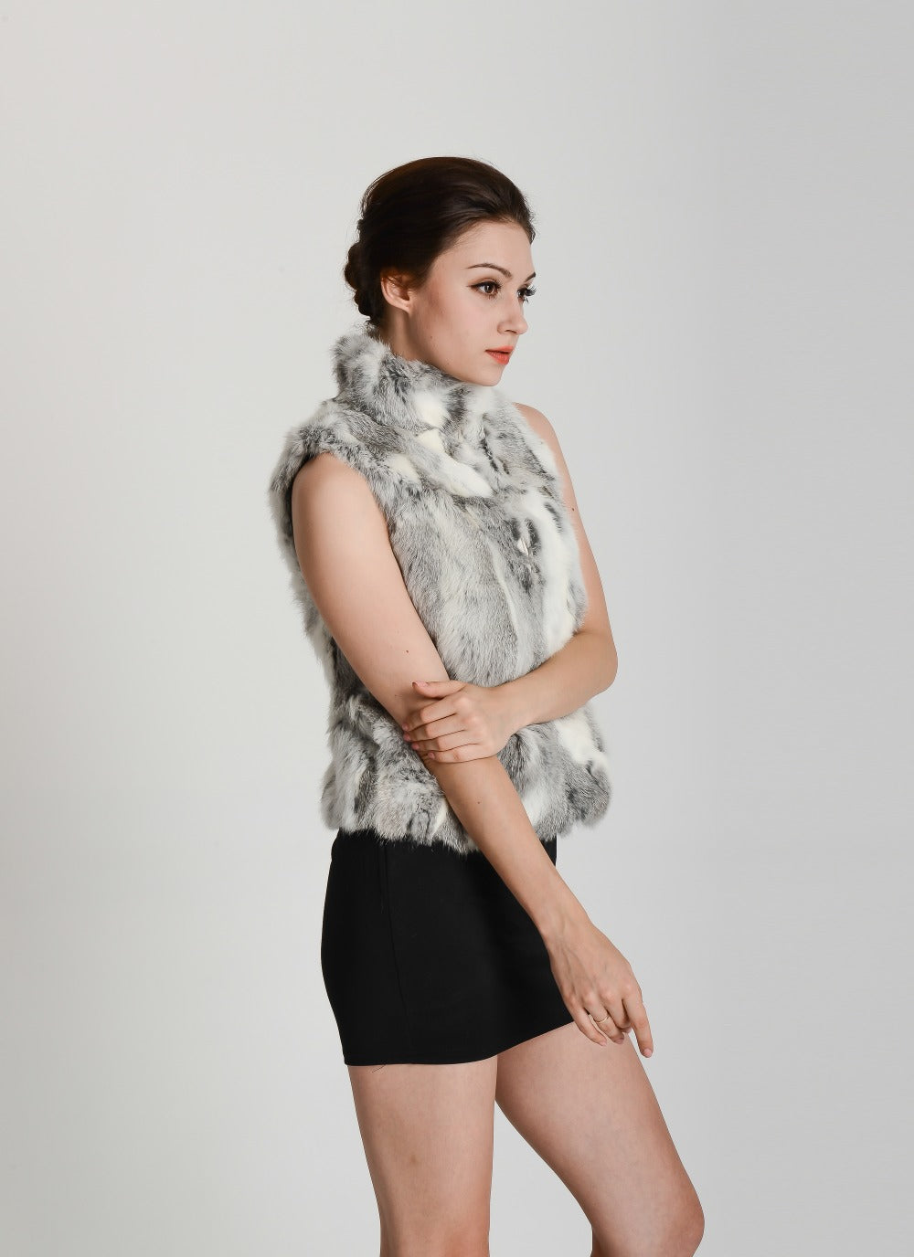 Color Blend Mandarin Collar Real Fur Vests