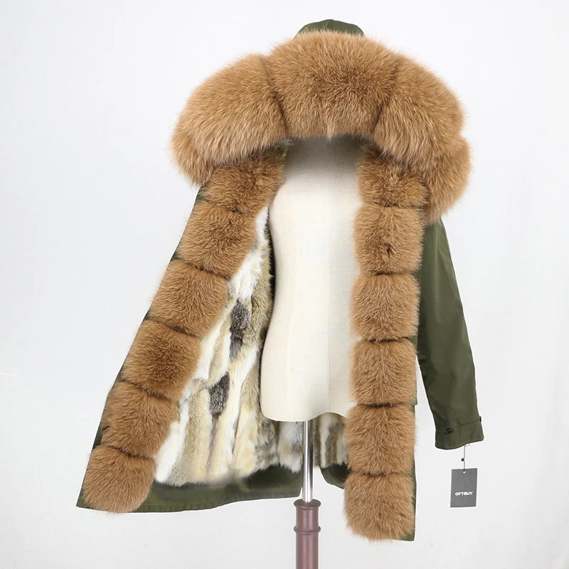 Green Real Rabbit Fur Liner With Fox Fur Collar Parka Coat