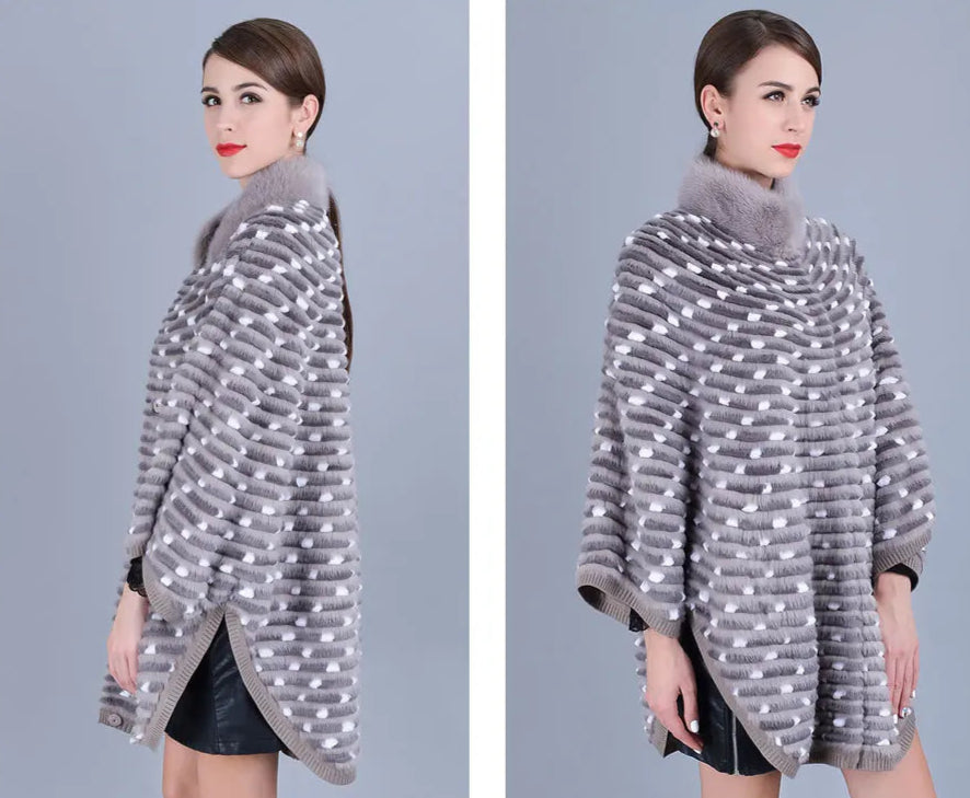 Knitted Real Mink Fur Poncho Batwing Sleeve