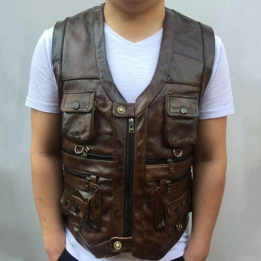 Genuine Leather Vest Slim Moto Cargo