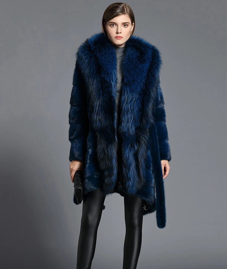 Blue Real Mink Fur Coats Big Fox Fur Collar