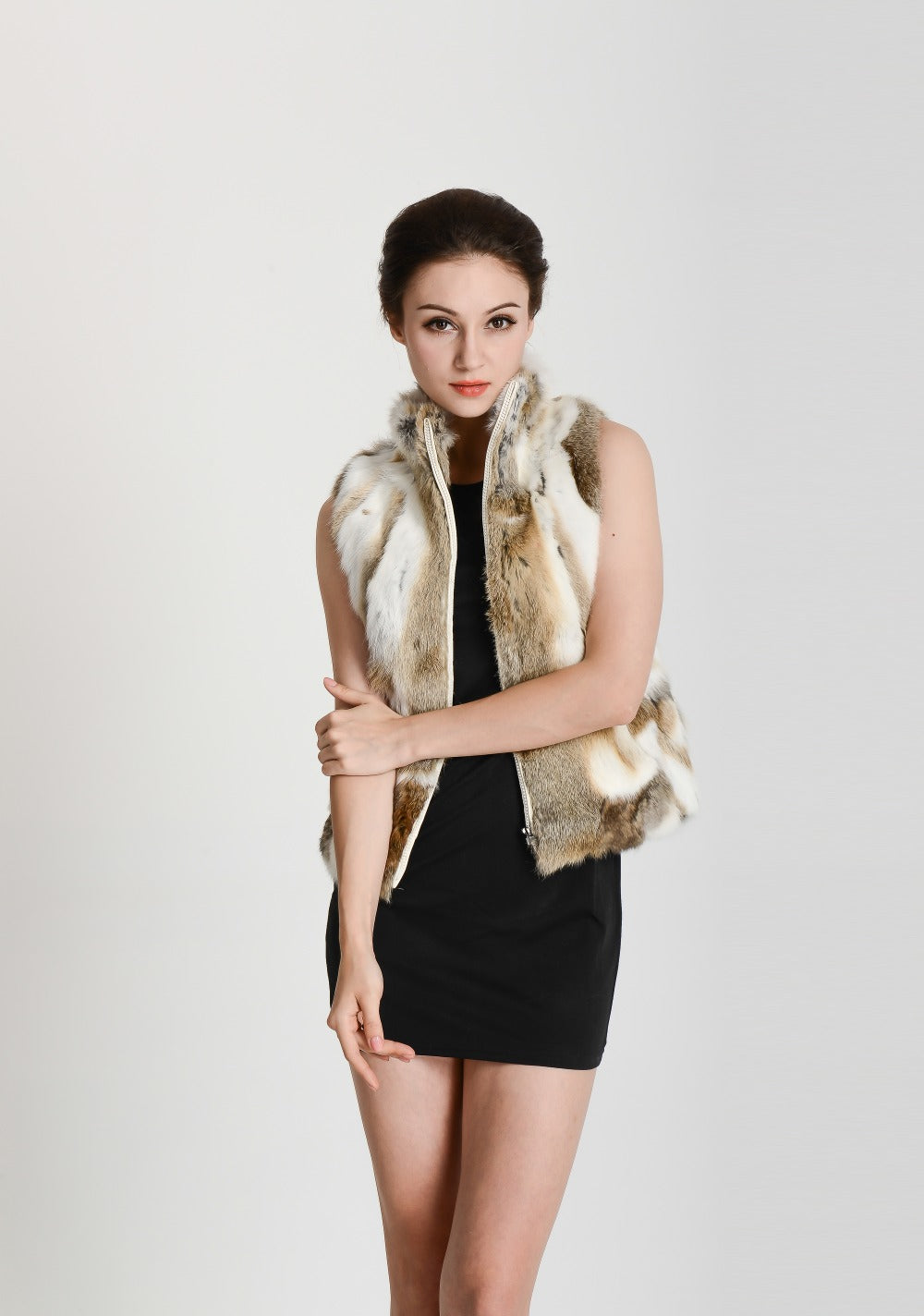 Color Blend Mandarin Collar Real Fur Vests