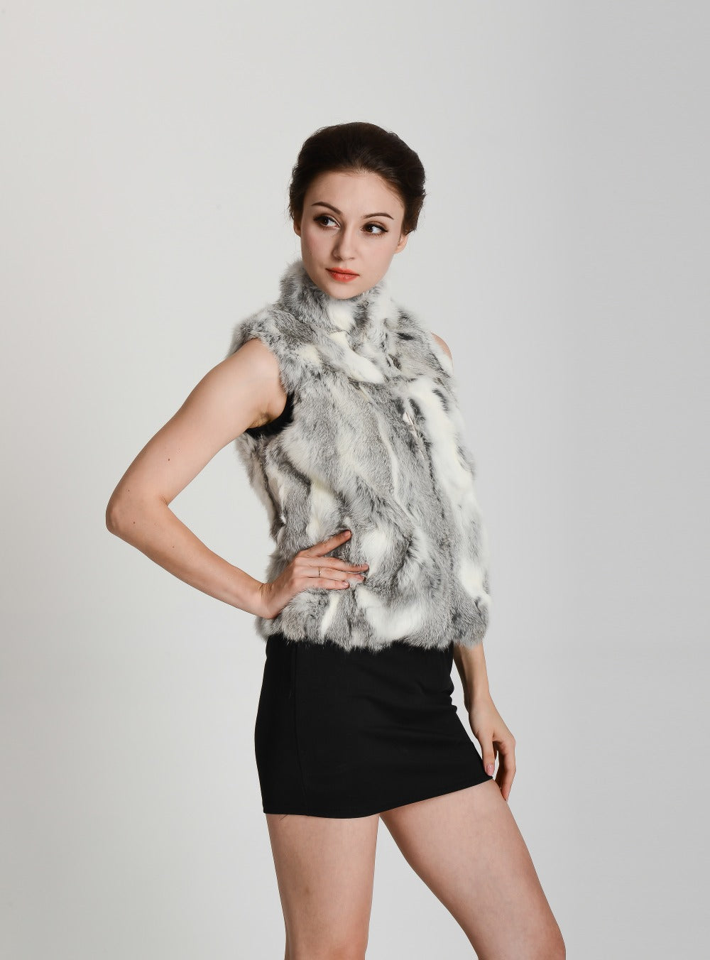 Color Blend Mandarin Collar Real Fur Vests