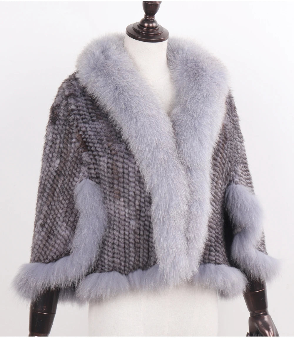 Knitted Real Mink Fur Shawl Fox Fur Collar