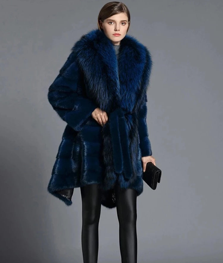 Blue Real Mink Fur Coats Big Fox Fur Collar