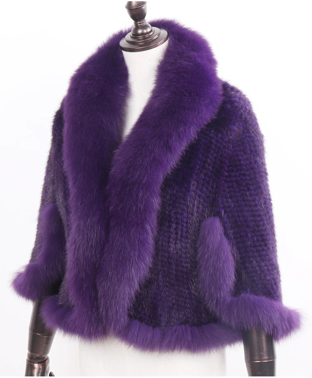 Knitted Real Mink Fur Shawl Fox Fur Collar