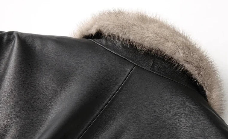 Genuine Leather Down Jacket Real Mink Fur Collar