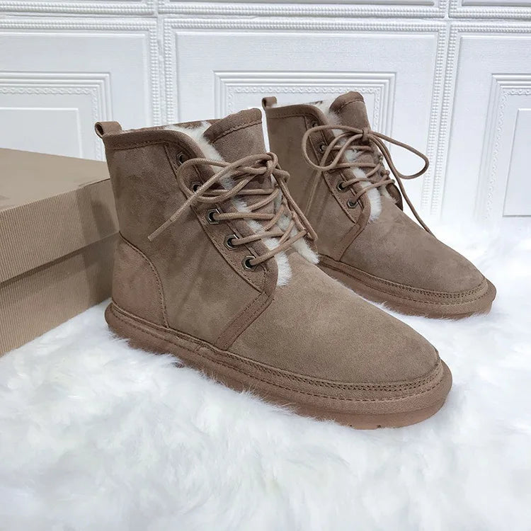 UNISEX Real Wool Fur Lace Up Snow Boots