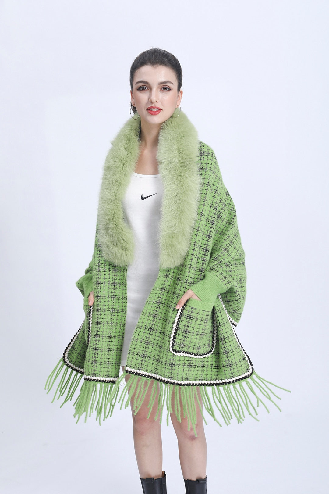 Real Fur Plaid Wool Tassel Ponchos