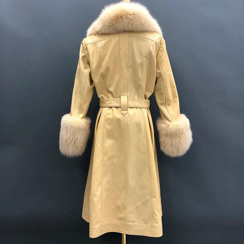 Genuine Leather Trench Coats Real Fur Collar & Cuffs