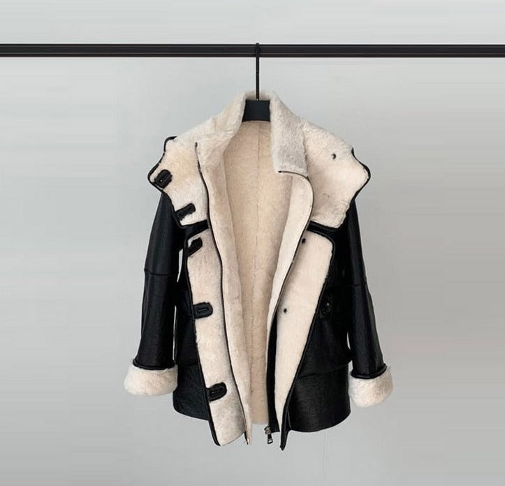 Genuine Leather Real Shearling Fur Coats Hooded