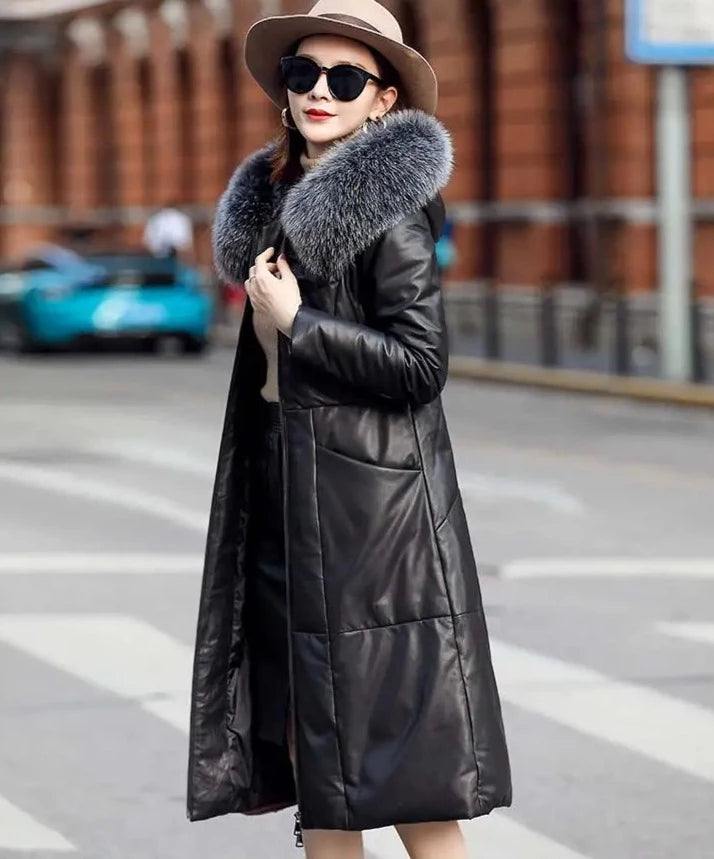 Genuine Leather Duck Down Coat Real Fur Hood