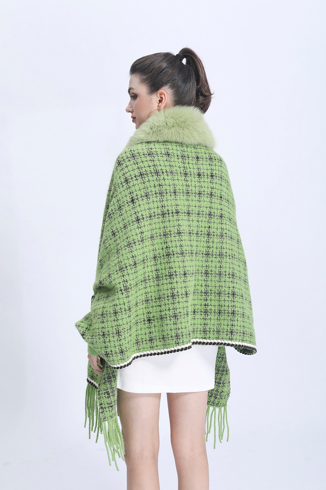 Real Fur Plaid Wool Tassel Ponchos