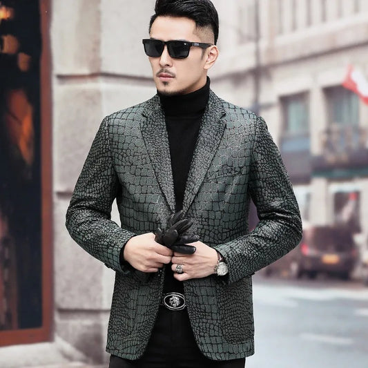 Crocodile Pattern Genuine Leather Blazer Jacket