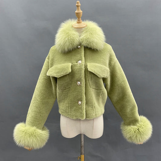 Short Shearling Real Fur Coats Collar & Cuffs