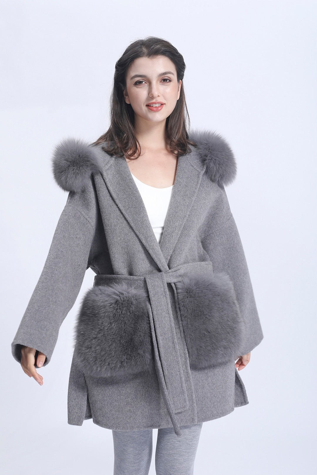 Cashmere Pea Coats Fur Trim Hood With Big Fur Pockets